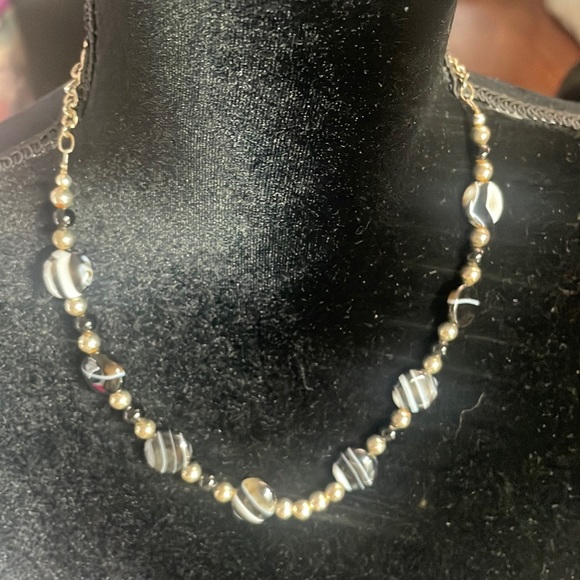 Jewelry - Silver necklace with black, gray, white-color beading